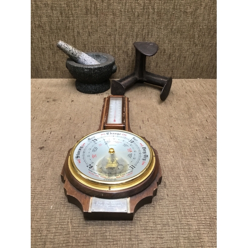 485 - Mortar and pestle vintage barometer and a shoe last