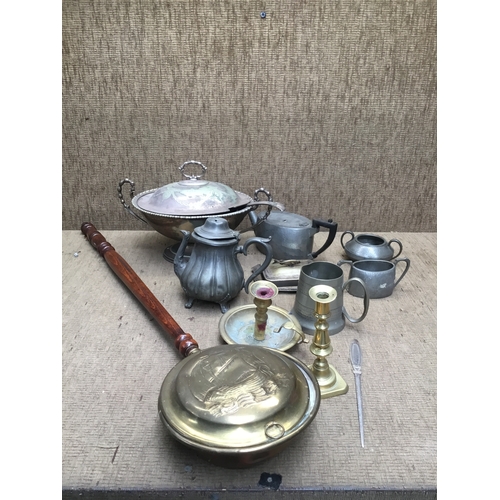 488 - Brass bed pan warmer selection of pewter and brass candle holders