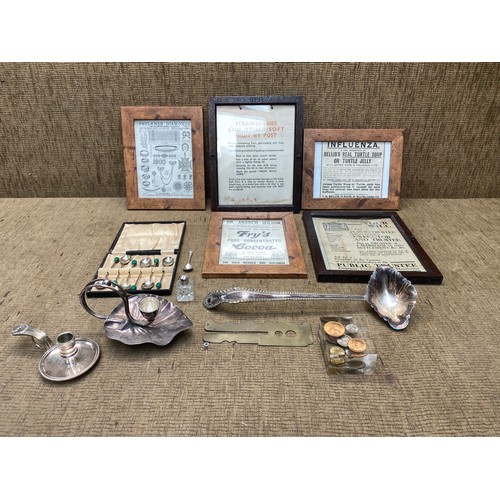 722 - Selection of framed ephemera and collectibles including: Coffee spoons.