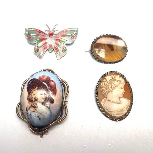 567 - Sterling Silver Butterfly brooch, 19th century yellow metal hand painted cameo, cameo and agate broo... 