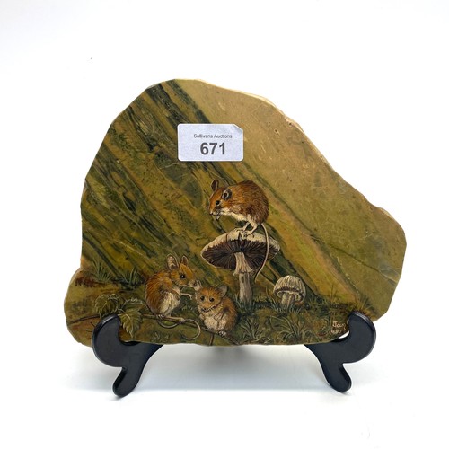 671 - Joan Milne a study of a field and wood mice on agate signed and dated 1980 with details on the rear.