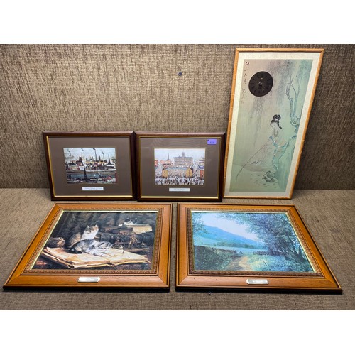 532 - 2 L. J. Lowrey prints, a vintage Japanese bamboo clock and 2 prints.