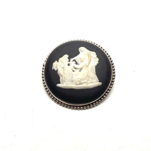 773 - Vintage 1960's Black Basalt And Wedgwood Round Pin Silver Rim brooch.