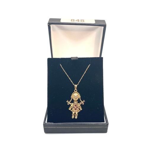 848 - 9ct Gold necklace and articulated doll pendant 3.6g