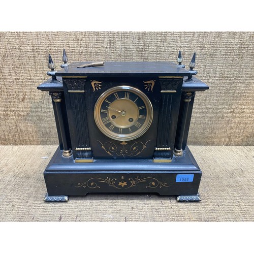 1058 - Vintage black marble mantle clock with key (working) 30cm tall.