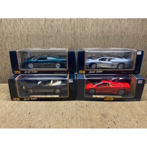 1061 - Collection of 4 Maisto model cars including: Lamborghini Diablo (1990) and Mercedes Benz 500 SL (198... 