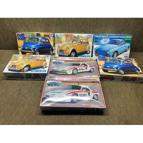 1064 - Collection of 5 Tamiya model cars including: Citreon 2CV and Fiat 500F.