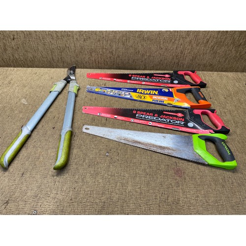 59 - four hand saws Irwin and spear & Jackson and extendable loppers