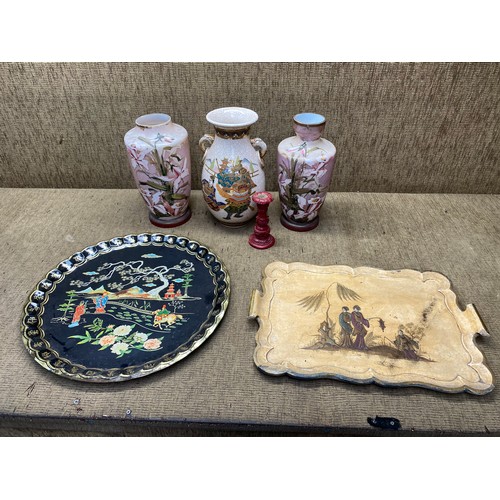 61 - Collection of Japanese and Chinese items including: ceramic flower pots and trays.