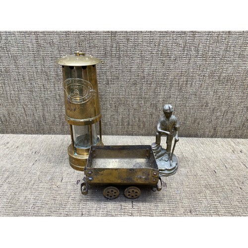 471 - Thomas and Williams Cambrian mining lamp number 22381 (Aberdare South Wales) brass mining figure and... 