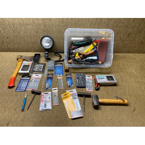 121 - selection of mixed tools and accessories including hachet, drill bits, and jig saw blades.