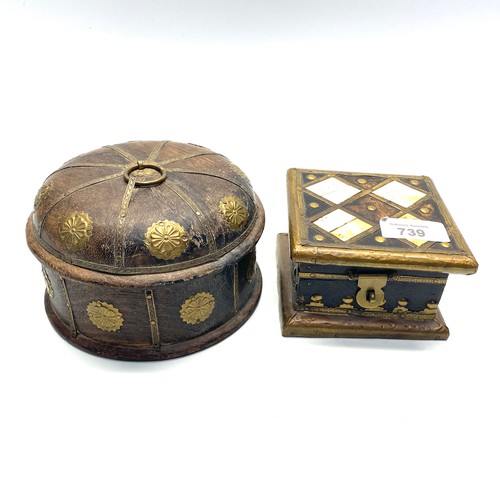 739 - Antique wooden spice box and a bone and brass trinket box.