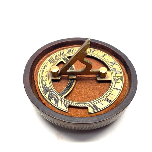 947 - Antique brass sundial by F. L. West, London in a hand carved box depicting Japans Mount Fuji.