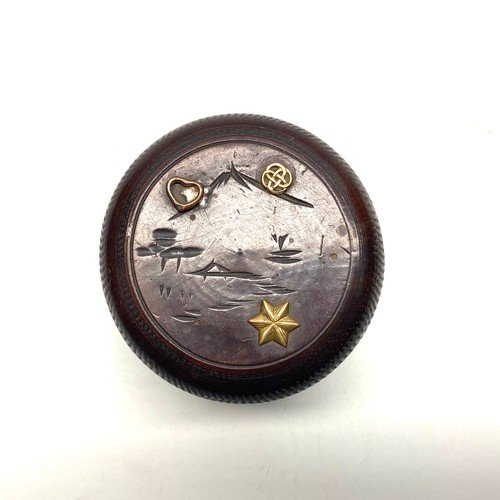 947 - Antique brass sundial by F. L. West, London in a hand carved box depicting Japans Mount Fuji.