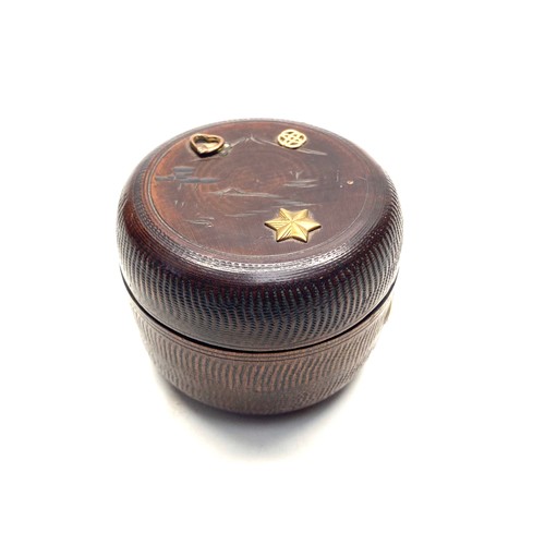 947 - Antique brass sundial by F. L. West, London in a hand carved box depicting Japans Mount Fuji.