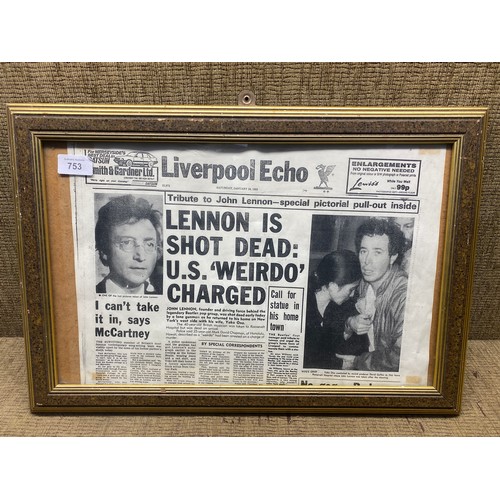 753 - Original Liverpool Echo framed front page of the death of John Lennon 29th Jan 1983.