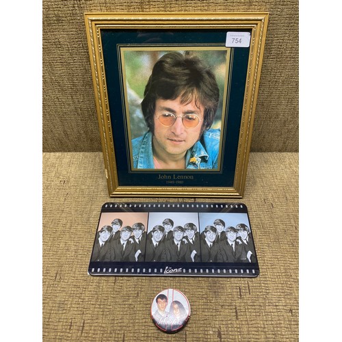 754 - Beatles John Lennon picture 1940-1980, plaque and an early John Yoko Badge.