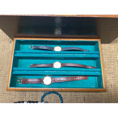 760 - Attractive Large wooden jewellery box containing watches and vintage costume jewellery