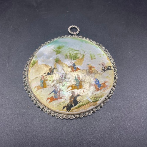 935 - Antique Persian miniature story hand painted on mother of pearl with silver filigree surround 6cm