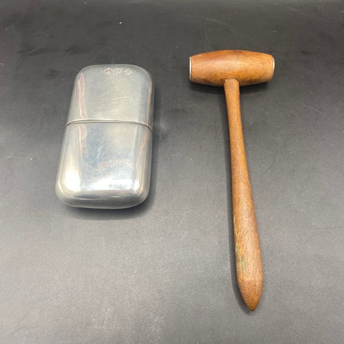 943 - Auctioneers hammer with silver coins and a quality heavy silver plate hip flask.