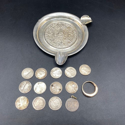 964 - Mexican silver pin dish, silver coin and a silver ring.