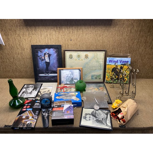 346 - Miscellaneous items including James dean pictures weather vane and Michael Jackson.