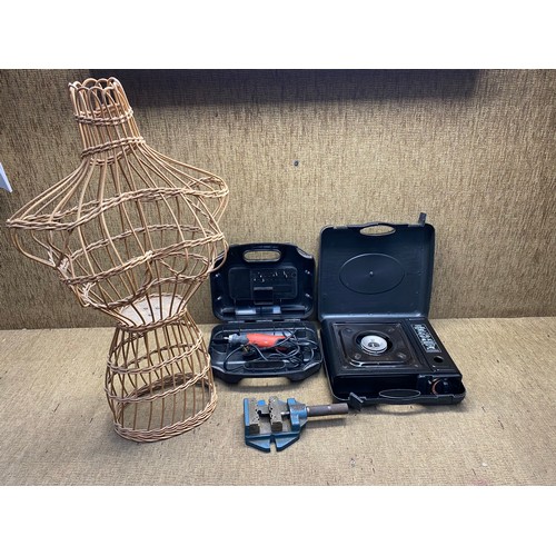 351 - Black and decker dremell tools engineer vice gas camping stove.