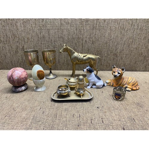 1089 - Brass Horse, marble figures, Brass cruet set and collectibles.