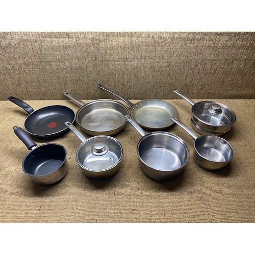 123 - selection of kitchen items including frying pans and saucepans.