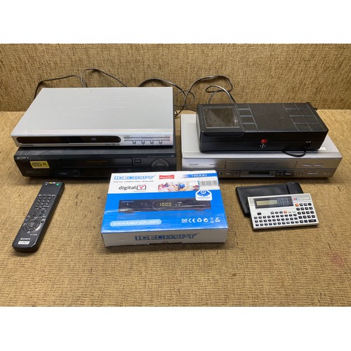 139 - Mixed electricals including: a Sony video cassette recorder and a digital terrestrial freeview box.