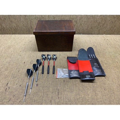 155 - Wooden box with darts, flights and stems.