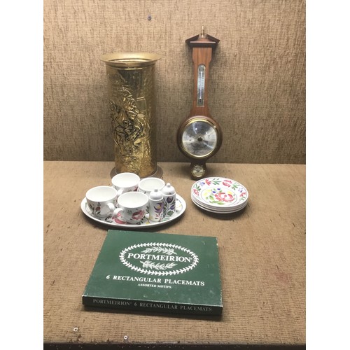 1162 - Portmeirion crockery, table mats, brass umbrella stand and thermometer.