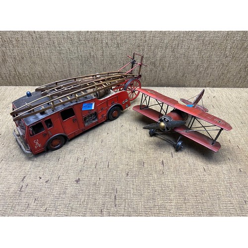 1185 - Tin plate large fire engine and WW1 plane.