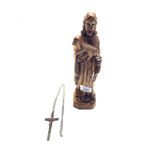 781 - Early hand carved figure of Jesus Christ and a cross and chain.