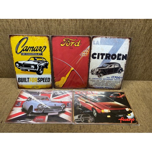 503 - Selection of 5 car manufacture metal signs including: Chevy Camaro.