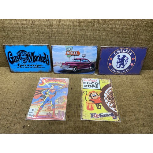 505 - Selection of 5 metal signs including: Chelsea FC and Coco Pops.