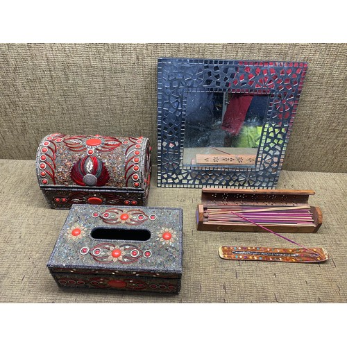 515 - 2 costume jewellery boxes, mirror and incense burners.