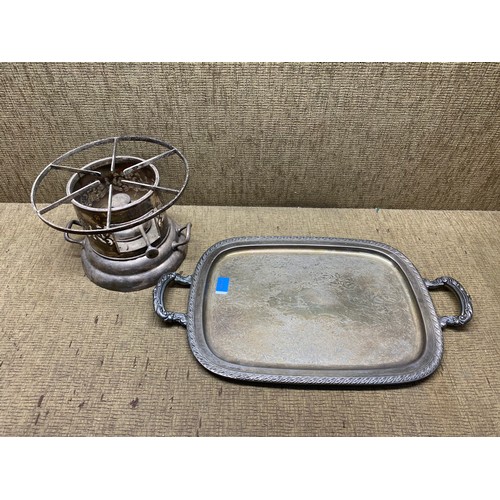 1190 - Silver plate tray and Silver plate Table top food warmer/plate warmer with spirit burner by Bronson.