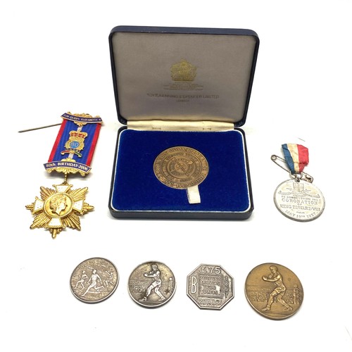 564 - RAOB jewel, edward the VII coronation medal, RLSS coin, Three army boxing and running winners medal.