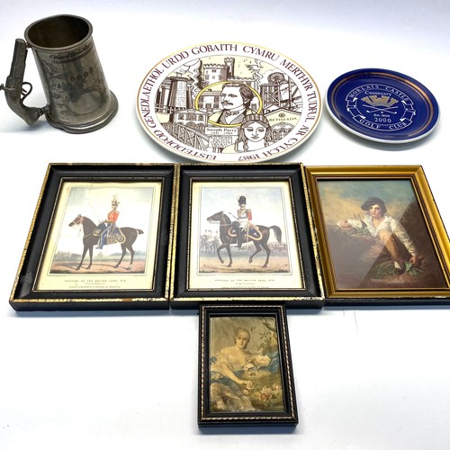 588 - pewter tankard by punder bros lord nelson at battle of trafalger , 4 small framed prints and 2 welsh... 