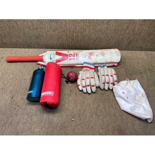 149 - Slazenger cricket bat, gloves and cricket ball and a SIGG+ Switzerland water bottle.