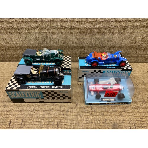 610 - Tri-ang Scalextric vintage model motor racing cars including Bentley C4 and Alfa Romeo C65 and a sup... 