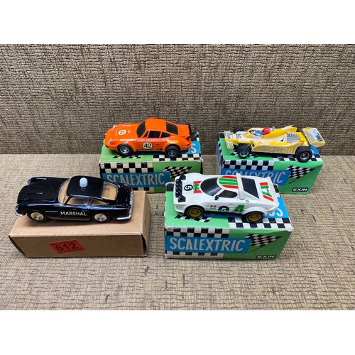 612 - Tri-ang Scalextric vintage model motor racing cars including C68 Marshals car, Porsche Carrera RS, L... 