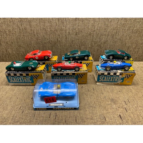 614 - Tri-ang Scalextric vintage model motor racing cars including Aston Martin C68, Ferrari C62 and a sup... 