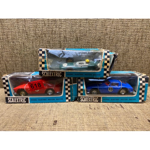 618 - Tri-ang Scalextric vintage model motor racing cars including Ferrari GT C69 (2) and a Lotus C63