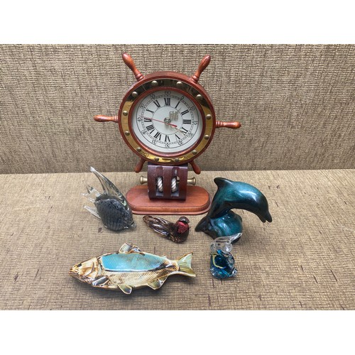 440 - mixed items including helm clock, murano glass fish.