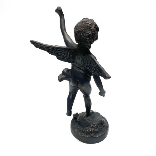 502 - Bronze Cupid Sculpture Raised on a Circular Base Early 20th Century; 25cm Tall.