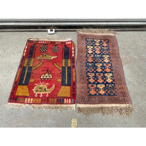 859 - 2 small rugs from Afghanistan, one with a military theme, probably made to order for a patrol base.