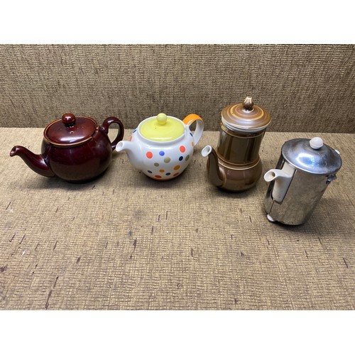 413 - Four tea pots including a brown Pillivuyt tea/coffee pot with built in strainer.