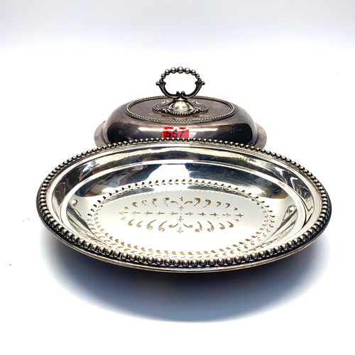 557 - Vintage heavy silver plate serving dish with draining insert (see other photos for hallmarks)